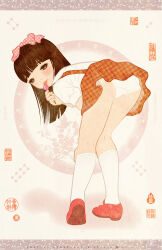 10s 1girl 2018 ass bent_over black_eyes black_hair blush bow candy flower food fractal_underground_studio from_behind hair_bow highres holding holding_candy holding_food holding_lollipop houndstooth kneehighs licking loli lollipop long_hair looking_at_viewer looking_back mary_janes original pink_bow polka_dot polka_dot_bow print_skirt puffy_sleeves red_shoes red_skirt school_uniform shirt shoes short_sleeves skirt socks standing suspender_skirt suspenders tongue tongue_out white_background white_shirt white_socks