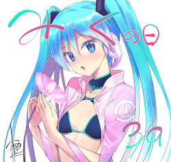 1girl 39 ahoge aqua_eyes aqua_hair bikini bikini_top_only blush breasts choker commentary flower hair_between_eyes hatsune_miku headphones highres jacket koume_keito long_hair looking_at_viewer miku_day nail_polish open_mouth small_breasts solo swimsuit twintails upper_body very_long_hair vocaloid
