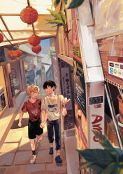 Rule 34 | 2boys, absurdres, alley, amo (amo 0514), ankle socks, battery indicator, black eyes, black hair, black pants, black shoes, black shorts, black socks, blonde hair, blurry, blurry background, blurry foreground, capri pants, clenched hand, closed eyes, closed mouth, collarbone, commentary request, crossed bangs, day, double-parted bangs, earrings, electric fan, facing another, facing to the side, from above, full body, hair between eyes, hand up, highres, holding hands, interlocked fingers, jewelry, lantern, looking at another, looking to the side, low ponytail, male focus, multiple boys, open mouth, original, outdoors, pants, paper lantern, parted bangs, pavement, plant, pointing, pointing to the side, ponytail, print shirt, red shirt, shadow, shirt, shoes, short hair, short ponytail, short sleeves, shorts, sign, smile, sneakers, socks, storefront, sunlight, t-shirt, turning head, walking, watch, white shirt, white shoes, white socks, wristwatch, yaoi