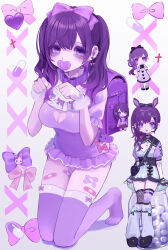 1girl absurdres aegyo_sal animal_ears asahina_mafuyu asahina_mafuyu&#039;s_mother backpack bag bag_charm bandaid_on_thigh black_bow bow bow_choker bow_legwear breasts character_charm charm_(object) choker cleavage cleavage_cutout clenched_hands clothing_cutout commentary_request cross crossed_bandaids dress dress_bow empty_eyes frilled_dress frilled_sleeves frills full_body fur_wrist_cuffs gradient_background grey_background hair_between_eyes hair_bow hands_up heart heart_cutout highres jirai_kei jishou_210 jojifuku kneeling long_hair looking_at_viewer medium_breasts negai_wa_itsuka_asa_wo_koete_(project_sekai) no_shoes official_alternate_costume pacifier panties paw_pose pill pink_bow project_sekai purple_bag purple_bow purple_choker purple_dress purple_eyes purple_hair purple_theme purple_thighhighs rabbit_ears short_sleeves simple_background thighhighs twintails underwear white_background white_panties white_wrist_cuffs wrist_cuffs