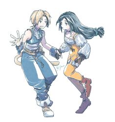 Rule 34 | 1boy, 1girl, artist name, bare shoulders, belt, black choker, black hair, blonde hair, blue pants, blue vest, blue wrist cuffs, bodysuit, boots, breasts, brown belt, brown boots, brown eyes, brown gloves, cat tail, choker, couple, cropped vest, crystal, final fantasy, final fantasy ix, full body, garnet til alexandros xvii, gloves, grey boots, grey gloves, hair tie, hetero, holding hands, jewelry, long hair, long sleeves, low-tied long hair, low ponytail, michibata 65, multiple belts, neck ribbon, open mouth, orange bodysuit, pants, parted bangs, pendant, ponytail, puffy long sleeves, puffy sleeves, ribbon, shirt, sleeveless, sleeveless shirt, small breasts, smile, tail, thigh strap, vest, white background, white shirt, wrist cuffs, zidane tribal