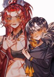2girls alternate_costume binah_(project_moon) black_bra black_collar black_eyes black_hair black_sailor_collar black_shirt blonde_hair blush bngb_love bra breasts collar colored_inner_hair earrings fur_trim gebura_(project_moon) grey_shirt heterochromia highres jacket jewelry library_of_ruina lobotomy_corporation long_hair long_sleeves looking_at_viewer mole mole_under_eye multicolored_hair multiple_girls parted_bangs ponytail project_moon red_hair red_jacket sailor_collar scar scar_across_eye scar_on_face shirt simple_background smile topless_female underwear upper_body very_long_hair white_background yellow_eyes