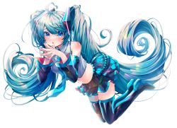 1girl :o absurdres ahoge alternate_costume aqua_eyes aqua_hair aqua_necktie bare_shoulders black_skirt black_sleeves black_thighhighs blouse blue_nails boots crop_top detached_sleeves fingers_together floating floating_hair full_body grey_shirt hair_ornament hatsune_miku heart heart_ahoge high_heels highres long_hair looking_at_viewer miniskirt nail_polish necktie open_mouth pleated_skirt shirayuki_towa shirt shoulder_blush shoulder_tattoo simple_background skindentation skirt sleeveless sleeveless_shirt solo spiral steepled_fingers symbol_in_eye tattoo thigh_boots thighhighs twintails very_long_hair vocaloid white_background zettai_ryouiki