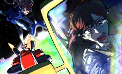 2girls absurdres black_shorts blonde_hair blue_hoodie blue_shell_(mario) brown_eyes chainsaw_man commentary crying crying_with_eyes_open driving english_commentary glowing glowing_eye hair_ornament hairclip heartbreak_juan higashiyama_kobeni highres hood hoodie horns long_hair mario_(series) mario_kart motion_blur multiple_girls nintendo open_mouth parody power_(chainsaw_man) rainbow_road red_horns shoes shorts signature smile sneakers space star_(sky) tears throwing