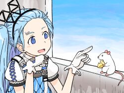 Rule 34 | 1girl, ads (girls&#039; frontline), blue eyes, blue hair, cheese, food, forehead, girls&#039; frontline, gloves, hair ornament, head rest, highres, long hair, mouse (animal), one side up, open mouth, pointing, puffy short sleeves, puffy sleeves, sagaemina, short sleeves, solo, symbol-shaped pupils, upper body, white gloves