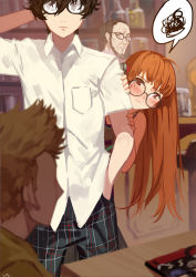 10s 1girl 3boys ahoge amamiya_ren arm_behind_head arm_grab arm_up bar_(place) bar_stool beard behind_another black_hair blurry blush brown_eyes brown_hair club3 counter depth_of_field dress_shirt faceless faceless_male facial_hair father_and_daughter frown glasses hand_in_pocket hand_on_own_head hiding hiding_behind_another highres indoors jar long_hair looking_at_another looking_at_viewer multiple_boys opaque_glasses orange_hair pants peeking peeking_out persona persona_5 plaid_clothes plaid_pants sakamoto_ryuuji sakura_futaba sakura_soujirou shirt short_sleeves signature sleeveless spoken_squiggle squiggle stool table white_shirt