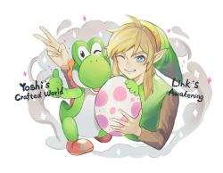 1boy 1other animal blonde_hair dinosaur egg hat highres hug kaeru_(qingwali) link long_hair looking_at_viewer mario_(series) nintendo one_eye_closed pointy_ears simple_background smile super_mario_world super_smash_bros. tail the_legend_of_zelda the_legend_of_zelda:_link&#039;s_awakening tunic v yoshi yoshi&#039;s_crafted_world