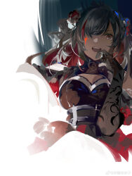 1girl absurdres belt breasts brown_hair crown dress hair_ornament highres idolmaster idolmaster_shiny_colors large_breasts long_hair narakuuu red_dress solo tsukioka_kogane