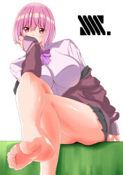 Rule 34 | 1girl, barefoot, blush, crossed legs, feet, gridman universe, hakase yurisuki, looking at viewer, medium hair, pink hair, red eyes, shinjou akane, soles, ssss.gridman, toes