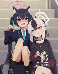 2girls absurdres animal_ears aqua_necktie black_hair black_jacket black_shoes black_shorts black_skirt black_socks blue_archive blush cat_ears cat_girl collarbone collared_shirt demon_girl demon_horns ear_piercing embarrassed furrowed_brow grey_hair hair_between_eyes halo hand_in_pocket highres hood hoodie horns jacket kayoko_(blue_archive) long_hair long_sleeves mole mole_on_collarbone multiple_girls necktie open_mouth paw_pose piercing red_eyes serika_(blue_archive) shiroiurushi shirt shoes shorts shorts_under_skirt sidelocks sitting sitting_on_stairs skirt sneakers socks stairs sweat twintails very_long_hair white_shirt yuri