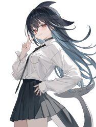 1girl black_choker black_hair black_necktie black_skirt blush breast_pocket breasts cetacean_tail choker collared_shirt colored_inner_hair commentary cowboy_shot fins fish_tail from_side grey_hair hair_ornament hand_on_own_hip hand_up head_fins highres karyln large_breasts long_hair long_sleeves looking_at_viewer loose_necktie multicolored_hair necktie orca_girl original pleated_skirt pocket red_eyes shirt shirt_tucked_in sidelocks simple_background skirt sleeves_past_wrists smile solo streaked_hair symbol-only_commentary tail v white_background white_shirt white_streaks x_hair_ornament