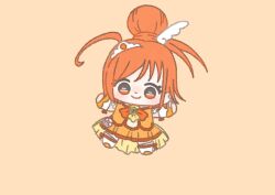 Rule 34 | 1girl, ahoge, bag bow, boots, bow, bowtie, brooch, chibi, closed mouth, cure sunny, dot nose, earrings, eyelashes, eyes visible through hair, footwear ribbon, frilled shirt, frills, hair bun, hair ornament, hino akane (smile precure!), ichigo usuhana, jewelry, light blush, looking at viewer, magical girl, mini tiara, miniskirt, orange background, orange bow, orange bowtie, orange eyes, orange hair, orange ribbon, orange shirt, orange skirt, orange theme, orange wrist cuffs, outstretched arms, pink bow, pleated skirt, precure, ribbon, shirt, short hair, simple background, single hair bun, single stripe, skirt, skirt set, sleeveless, sleeveless shirt, smile, smile precure!, solo, striped bow, tareme, thigh boots, tiara, train (clothing), updo, waist bag, white arm warmers, white bag, white boots, wing earrings, wing hair ornament, wrist cuffs