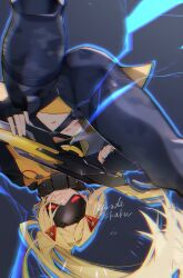 1girl black_pants black_shrug blindfold blonde_hair camouflage camouflage_jacket camouflage_pants covered_eyes eye_mask gun hair_ornament highres holding holding_gun holding_weapon jacket latex_pants long_hair navel pants shrug_(clothing) smile tight_clothes tight_pants triangle_hair_ornament trigger_(zenless_zone_zero) upside-down weapon zenless_zone_zero zipper_pull_tab zunda_kaku