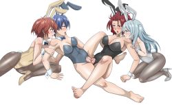 4girls absurdres akuma_no_riddle animal_ears arm_support azuma_tokaku bare_legs bare_shoulders barefoot blue_eyes blue_hair blush bottomless bow bowtie breasts clitoris clothed_sex collar commission eye_contact fake_animal_ears hand_on_another&#039;s_arm highres ichinose_haru kirigaya_hitsugi large_breasts leaning_back leenvidia leotard light_blue_hair long_hair looking_at_another medium_breasts medium_hair messy_hair multiple_girls namatame_chitaru open_mouth pantyhose pink_eyes playboy_bunny pussy pussy_juice rabbit_ears rabbit_tail red_eyes red_hair scar shiny_skin shoes sitting small_breasts smile spread_legs tail teeth tongue tongue_out transparent_background tribadism twintails uncensored wrist_cuffs yellow_eyes yuri