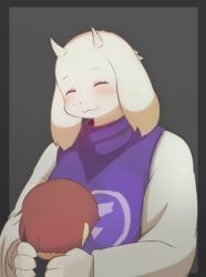 1girl bad_id bad_twitter_id brown_hair closed_eyes frisk_(undertale) furry goat hug kyuuri short_hair smile toriel undertale