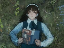 Rule 34 | 1girl, absurdres, black hair, black neckerchief, black overalls, book, cellphone, chainsaw man, chinese commentary, collared shirt, commentary, creator connection, eri (sayonara eri), expressionless, flower, from above, grass, green eyes, grey eyes, grey hair, headphones, highres, holding, holding book, lips, long sleeves, looking at viewer, lying, making-of available, manga (object), medium hair, mitaka asa, movie reference, neckerchief, on back, on grass, open book, overall skirt, overalls, parasite in love, phone, plant, sayonara eri, school uniform, shirt, smartphone, solo, straight-on, upper body, white shirt, yao liao wang