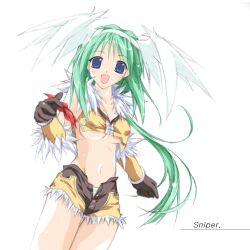 1girl 2000s_(style) :d armband bad_id blue_eyes breasts brown_gloves brown_shorts character_name commentary_request cowboy_shot crop_top fake_wings feathered_wings fur-trimmed_gloves fur-trimmed_shirt fur-trimmed_shorts fur_trim gloves green_hair head_wings long_hair looking_at_viewer lowres medium_breasts midriff navel open_mouth ragnarok_online shirt shorts simple_background sleeveless sleeveless_shirt smile sniper_(ragnarok_online) solo tokita two-tone_gloves two-tone_shorts underboob white_background white_wings wings yellow_gloves yellow_shirt yellow_shorts