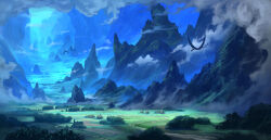 above_clouds absurdres cloud commentary davidfrasheski day dragon english_commentary fantasy field flying fog highres house landscape mountain no_humans original outdoors road scenery vanishing_point