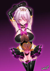 1girl absurdres armpits arms_up artist_name black_choker black_gloves black_skirt black_thighhighs blush bow braid breasts choker cleavage closed_mouth corruption covered_navel cowboy_shot dark_persona elbow_gloves eyes_visible_through_hair gloves glowing glowing_eyes gradient_background hair_between_eyes highleg highleg_leotard highres jewelry large_breasts leiva leotard looking_at_viewer magical_girl original pink_eyes pink_hair pink_sailor_collar pleated_skirt pubic_tattoo purple_background purple_eyes sailor_collar shiny_clothes short_hair showgirl_skirt signature simple_background skindentation skirt smile solo standing tattoo thighhighs tiara