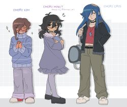 3girls alternate_hair_length alternate_hairstyle alternate_universe antenna_hair artist_name asymmetrical_hair bag belt black_belt black_choker black_eyes black_hair black_jacket black_shoes blonde_hair blue_hair blue_sweater borrowed_design bow breasts bright_pupils brown_eyes brown_hair character_name choker closed_mouth collarbone collared_dress commentary cris_(omori) denim double-parted_bangs dress drop_shadow duffel_bag ear_piercing english_commentary fingernails flat_color frilled_dress frilled_shirt_collar frills full_body glasses green_eyes grey_background grey_bag grey_dress grey_hood grey_pants grey_pantyhose grid_background grin hair_between_eyes hair_bow hair_ornament hair_over_one_eye hand_in_pocket hand_up hands_up highres holding holding_bag holding_sketchbook hood hood_down hooded_jacket interlocked_fingers jacket jeans jewelry kim_(omori) long_hair long_sleeves looking_at_viewer low_twintails mary_janes medium_dress medium_hair midriff mincy_(omori) multicolored_hair multiple_girls navel necklace no_sclera omori one_eye_covered open_clothes open_jacket own_hands_clasped own_hands_together pants pantyhose piercing pocket puffy_long_sleeves puffy_sleeves raised_inner_eyebrows rectangular_eyewear red-framed_eyewear red_shirt red_shoes roots_(hair) semi-rimless_eyewear shell shell_necklace shirt shoes shrimperini simple_background sketchbook small_breasts smile sneakers squiggle standing star_(symbol) star_hair_ornament straight_hair striped_clothes striped_sweater sweater turtleneck turtleneck_sweater twintails white_bow white_shoes white_sneakers