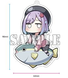 1girl animal beret black_hat black_sailor_collar black_skirt blank_eyes blue_hair chibi commentary_request fish full_body gradient_hair hair_ornament hairclip hat jitome long_sleeves looking_at_viewer lowres luna_(mahoutsukai_rose_no_sado_life) mahoutsukai_rose_no_sado_life mini_person minigirl multicolored_hair ominaeshi_(takenoko) pink_sweater pleated_skirt puffy_long_sleeves puffy_sleeves purple_hair sailor_collar sample_watermark school_uniform serafuku skirt solo star_(symbol) star_hair_ornament sweater watermark white_background