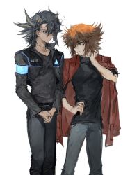 2boys armband belt black_hair black_pants black_shirt blue_armband blue_eyes brown_eyes brown_hair company_name crossover detroit:_become_human dress_shirt fudo_yusei grey_pants hand_on_own_hip hand_on_own_neck highres jacket jacket_on_shoulders looking_at_another male_focus momentcorefly multiple_boys open_clothes open_jacket own_hands_clasped own_hands_together pants red_jacket shirt white_background yu-gi-oh! yu-gi-oh!_5d&#039;s yu-gi-oh!_gx yuki_judai