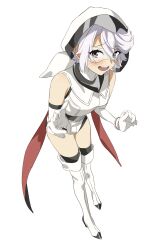 1girl absurdres bangle bare_shoulders belt black_thighhighs blush boots bracelet breasts detached_hood elbow_gloves eye_mask full_body gloves high_heel_boots high_heels highres jewelry leaning_forward leotard looking_at_viewer open_mouth pink_eyes raised_eyebrows short_hair shy_(character) shy_(series) simple_background small_breasts smile solo standing tailcoat thigh_boots thighhighs v white_background white_boots white_gloves white_hair white_leotard wqdofjpeqs63235