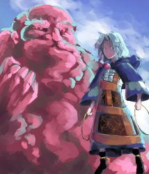 1boy 1girl black_footwear blue_eyes blue_hair blue_sky clenched_hand cloud commentary female_focus floating highres holding hood hoop jewelry kesa kumoi_ichirin long_sleeves looking_at_viewer neckwear_request nose outdoors pendant red_neckwear serious short_hair sky solo sunnysideup thick_eyebrows touhou unzan v-shaped_eyebrows wavy_hair wide_sleeves