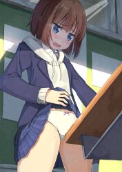 Rule 34 | 1girl, absurdres, blazer, blue eyes, blue jacket, blue skirt, blush, bow, bow panties, brown hair, classroom, crotch rub, desk, female masturbation, highres, hood, hoodie, indoors, jacket, masturbation, negimiso1989, open mouth, original, panties, plaid clothes, plaid skirt, school desk, school uniform, short hair, skirt, solo, table humping, underwear, white hoodie, white panties