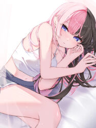 1girl absurdres armpit_crease bare_shoulders blue_eyes blush brown_hair camisole dolphin_shorts eishi_kurumi feet_out_of_frame grey_shorts highres iris_black_games long_hair looking_at_viewer lying midriff multicolored_hair navel on_bed on_side parted_bangs pink_hair short_shorts shorts solo split-color_hair tachibana_hinano tearing_up thighs virtual_youtuber vspo! white_camisole