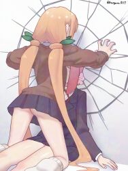 2girls artist_name ass black_skirt commentary crack cracked_wall flower green_ribbon hair_flower hair_ornament hair_ribbon hanazono_hakari highres inda_karane kangara0117 kimi_no_koto_ga_dai_dai_dai_dai_daisuki_na_100-nin_no_kanojo kneeling leg_warmers long_hair low_twintails miniskirt multiple_girls ohananomitsu_high_school_uniform orange_hair pink_hair pleated_skirt ribbon school_uniform sitting skirt twintails twitter_username underbutt very_long_hair