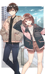 1boy 1girl :d black_eyes black_hair black_jacket black_shirt blue_pants blue_sky border brown_eyes brown_hair brown_jacket brown_shorts cloud commentary_request english_text hands_in_pockets highres jacket koh_rd open_clothes open_jacket open_mouth original outdoors outside_border pants shirt shorts sky smile tongue v white_border white_shirt