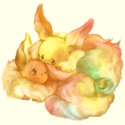 Rule 34 | animal focus, commentary request, eevee, evolutionary line, flareon, fluffy, full body, gen 1 pokemon, green eyes, kumt 8, nintendo, no humans, pokemon, pokemon (creature), simple background, solo, white background