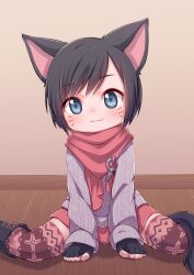 1girl :3 absurdres animal_ears black_gloves black_hair blue_eyes brown_thighhighs cat_ears cat_girl cat_tail closed_mouth commentary_request commission facial_mark fingerless_gloves gloves grey_sweater highres indoors long_sleeves looking_at_viewer on_floor original print_thighhighs red_scarf scarf short_hair sitting skeb_commission smile solo sweater swept_bangs tail thighhighs ueno_musashi whisker_markings