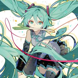 1girl aqua_eyes aqua_hair aqua_necktie bare_shoulders black_skirt black_sleeves black_thighhighs cable collared_shirt colored_shadow commentary cowboy_shot dated eyelashes floating_hair floating_neckwear food grey_shirt hair_ornament hashtag-only_commentary hatsune_miku highres holding holding_food lace lace-trimmed_collar lace-trimmed_shirt lace_trim leaning_forward long_hair long_sleeves looking_at_viewer miniskirt mouth_hold necktie number_tattoo pleated_skirt shadow shirt shoulder_tattoo skirt solo sparkle spring_onion tattoo thighhighs tie_clip twintails twitter_username very_long_hair vocaloid white_background z6