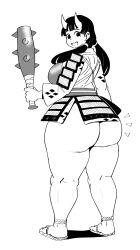 1girl armor ass black_hair blunt_bangs chipped_tooth club club_(weapon) dungeon_meshi epaulettes from_behind greyscale highres horns huge_ass inutade japanese_armor japanese_clothes kimono kusazuri looking_at_viewer monochrome oni oni_horns spiked_club thick_thighs thighs twintails waraji weapon white_background ytrall