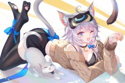 1girl ;o animal_ear_fluff animal_ears black_camisole black_choker black_shorts black_thighhighs blue_eyes breasts brown_sweater camisole cat cat_ears cat_girl cat_tail celtreny choker cipher_(honkai:_star_rail) cipher_(sweet_slumber)_(honkai:_star_rail) commentary english_commentary grey_hair highres honkai:_star_rail honkai_(series) lying medium_breasts mole mole_on_breast official_alternate_costume on_stomach one_eye_closed open_mouth paw_print short_hair_with_long_locks short_shorts shorts sleep_mask soles solo sweater tail the_pose thighhighs