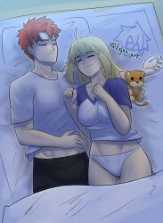 1boy 1girl absurdres ahoge artist_name artoria_pendragon_(fate) bed bed_sheet blonde_hair closed_eyes couch couple emiya_shirou fate/stay_night fate_(series) highres igno_art on_bed red_hair saber_(fate) signature sleeping stuffed_animal stuffed_toy twitter_username underwear