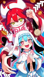 ahoge aqua_hair drill_hair hair_between_eyes hair_ornament hat hatsune_miku highres holding holding_pocket_watch hypnosis kasane_teto letter_hair_ornament long_hair long_sleeves mind_control mouth_veil nun own_hands_together pocket_watch red_eyes red_hair ringed_eyes shigure_(rinky_creater) smile synthesizer_v twin_drills utau veil vocaloid watch yellow_eyes