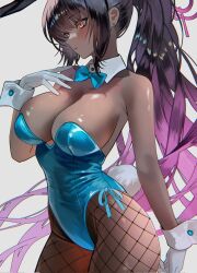 1girl animal_ears asuna_(blue_archive) asuna_(blue_archive)_(cosplay) asuna_(bunny)_(blue_archive) black_hair blue_archive blue_leotard breasts cleavage corrupted_twitter_file cosplay dark-skinned_female dark_skin fake_animal_ears fake_tail fishnet_pantyhose fishnets gloves halo highres karin_(blue_archive) karin_(bunny)_(blue_archive) large_breasts leotard long_hair pantyhose playboy_bunny purple_halo rabbit_ears rabbit_tail sanya_(sanya_lox228) simple_background solo tail very_long_hair white_background white_gloves wrist_cuffs