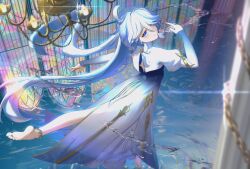 1girl absurdres ahoge barefoot blue_eyes blue_hair chandelier chijiu_jo dress feet from_behind furina_(genshin_impact) genshin_impact gradient_clothes gradient_dress heterochromia highres juliet_sleeves legs long_hair long_sleeves looking_at_viewer looking_back puffy_sleeves smile soles solo symbol-shaped_pupils very_long_hair