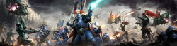absurdres adeptus_astartes battle bolter dark_eldar darren_tan dreadnought_(warhammer_40k) energy_gun gun heavy_bolter highres holding holding_gun holding_weapon hover_vehicle land_speeder military_vehicle motor_vehicle official_art plasma_pistol pointy_ears rifle sword tank titan_(warhammer_40k) ultramarines warhammer_40k warhammer_40k:_conquest weapon