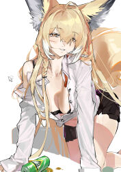 1girl absurdres ahoge all_fours animal_ear_fluff animal_ears arknights beer_can black_bra black_skirt blonde_hair blush bra braid breasts brown_hair can cleavage collared_shirt drink_can drunk facial_scar fox_ears fox_girl fox_tail gohanduck hair_between_eyes half-closed_eyes highres long_hair long_sleeves looking_at_viewer medium_breasts mole multicolored_hair off_shoulder open_mouth scar scar_on_cheek scar_on_face shadow shirt signature single_bare_shoulder single_braid skirt smile solo streaked_hair tail unbuttoned unbuttoned_shirt underwear vulpisfoglia_(arknights) white_shirt