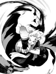 1boy absurdres black_background forehead_tattoo full_body gaara_(naruto) greyscale highres kuji-in male_focus manabu_yashiro monochrome naruto_(classic) naruto_(series) sand short_hair simple_background smear_frame solo