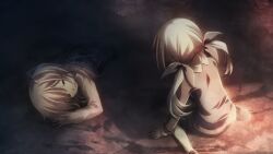 Rule 34 | 2girls, aged down, beaded hair ornament, beads, black bow, black shirt, blood, blood in hair, blood on clothes, bow, chaos;child, crushed, debris, destruction, dim lighting, dust, dying, earthquake, from behind, from side, game cg, hair beads, hair bow, hair ornament, highres, kurusu nono, long hair, long sleeves, lying, minamisawa senri, multiple girls, multiple hair bows, nape, narrowed eyes, official art, on stomach, open mouth, orange hair, pain, pink hair, pink shirt, rubble, ruins, sasaki mutsumi, shirt, shoes, shorts, sitting, sleeves past wrists, teeth, thighhighs, twintails, wariza, white thighhighs