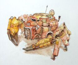 Rule 34 | ballpoint pen (medium), crab, hatch, helmet, joints, mecha, mechanical arms, mechanical legs, multiple legs, original, painting (medium), pen (medium), radio antenna, robot, robot joints, shadow, simple background, tagme, traditional media, tsuboi hajime, watercolor (medium), white background