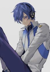 Rule 34 | 0qktb, 1boy, black shirt, blue hair, blue pants, blue trim, closed mouth, coat, collared coat, hair between eyes, headphones, highres, kaito (vocaloid), kaito (vocaloid3), long sleeves, looking to the side, male focus, pants, parted bangs, popped collar, shirt, short hair, sideways glance, simple background, sitting, solo, vocaloid, white background, white coat