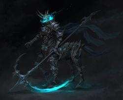 1boy armor centaur centaur_knight cheolseung_ok creature dark_knight fog full_armor gauntlets glowing glowing_weapon greaves helmet highres holding holding_scythe holding_weapon male_focus monster original scythe solo standing tail taur vambraces weapon