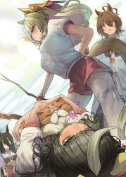 4girls absurdres agnes_tachyon_(umamusume) ahoge animal animal_ears black_hair blonde_hair bow breasts brown_hair calstone_light_o_(umamusume) cat chemical_structure clothing_cutout commentary_request day durandal_(umamusume) ear_covers ear_ornament earrings hair_between_eyes hand_on_own_hip heart highres holding holding_beaker holding_stick hug huge_ahoge jewelry lab_coat lens_flare lying manhattan_cafe_(umamusume) medium_breasts messy_hair multicolored_hair multiple_girls on_back on_ground outdoors pantyhose pantyhose_under_shorts puffy_short_sleeves puffy_sleeves purple_bow red_shorts short_hair short_sleeves shorts single_ear_cover single_earring sleeves_past_fingers sleeves_past_wrists sparkle stick streaked_hair tail tail_through_clothes tonariuta umamusume watermark white_hair white_pantyhose yellow_eyes