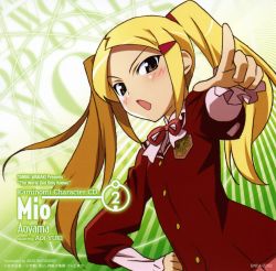 1girl album_cover aoyama_mio blonde_hair blush brown_eyes character_name copyright_name cover female_focus hair_ornament hairclip highres kami_nomi_zo_shiru_sekai long_hair official_art pointing school_uniform solo twintails watanabe_akio